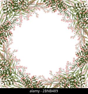 Vintage invitation with pink cherry blossom and green leaf frame. Bouquet floral illustration. Vector greeting card template. Stock Vector