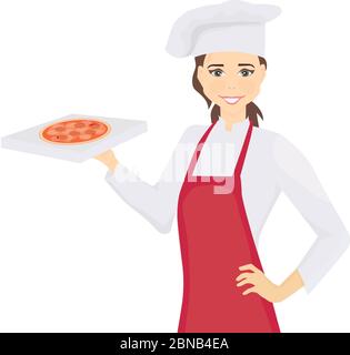 a woman chef cook with pizza box in hands Stock Vector