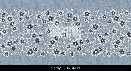 Hand Drawn Artistic Naive Daisy Flowers Outlines on Blue Denim Background Vector Seamless Pattern Border Stock Vector