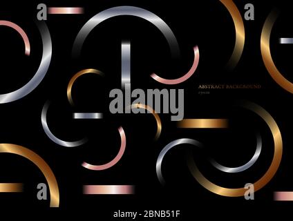 Abstract geometric metallic gradient shapes composition golden, silver, pink gold on black background. Vector illustration Stock Vector