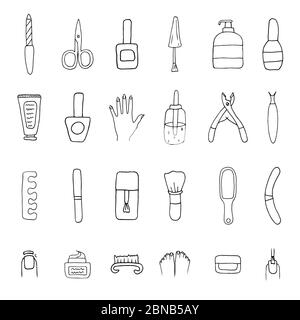 Manicure and pedicure icons. Simple vector set. Contains such sign as nail file, scissors, brush and more. Beautiful simple icons. Stock Vector