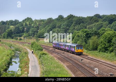 Northern rail class 142 pacer + class 156 sprinter trains 142050 + 156472 passing the countryside at Lostock, Lancashire