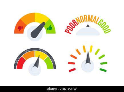 Business performance company review scale logo set. Speedometer, barometer, fuel gauge display logotype collection. Colorful dial indicator vector Stock Vector