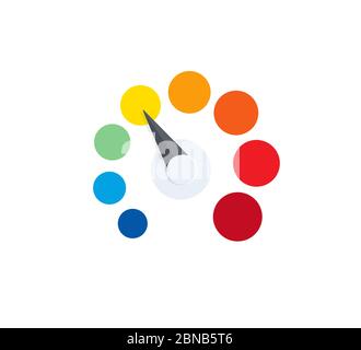 Watercolor palette paints logo on white background. Isolated colorful Business performance level indicator, review scale logotype. Round speedometer Stock Vector