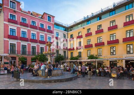 View of restaurants in Plaza del Obispo, Malaga, Costa del Sol, Andalusia, Spain, Europe Stock Photo