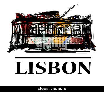 Old classic yellow tram of Lisbon - vector illustration Stock Vector