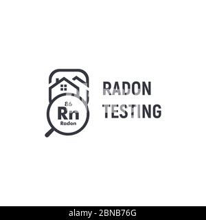 Radon testing first alert kit logotype. Home rn remediation service logo. Poisonous chemical element, gas spreading prevention icon. Black and white Stock Vector