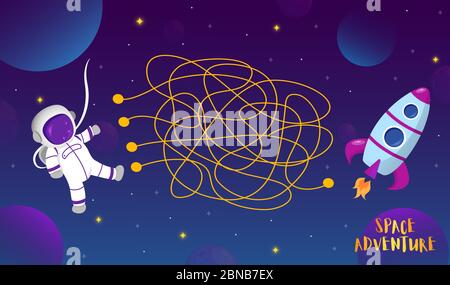 Space adventure game. Graphic user interface. Template for children board game. Vector background with funny and cute planets. Stock Vector