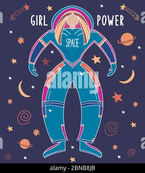 Girl astronaut in open space. Doodle stars, planets, comets on dark blue background. Girl power lettering. Vector stock illustration. Stock Vector