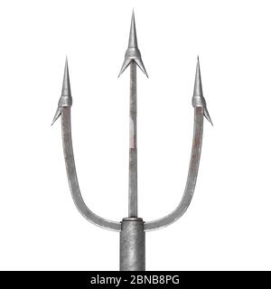 metallic long trident on an isolated white background. 3d illustration Stock Photo