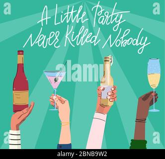 Vector flat modern illustration with multiple raised hands holding different drink Stock Vector
