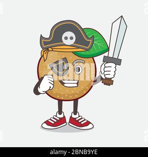 An illustration of Nashi Pear cartoon mascot character in pirate style and wearing hat and sword Stock Vector