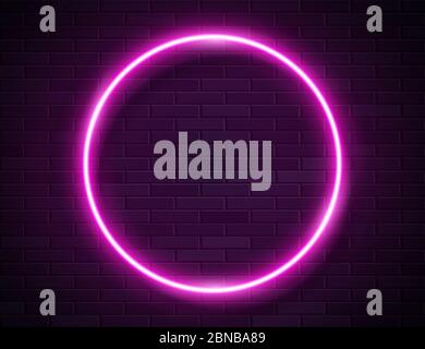 Neon Glowing Circle Pink Frame for Banner on Dark Empty Grunge Brick Background Stock Vector