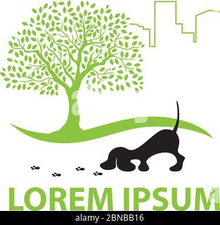 tree and city skyline in behind of dog tracing paws trail Stock Vector