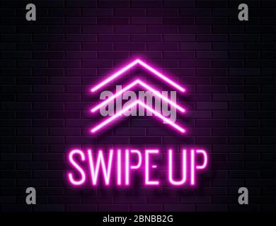 Futuristic Sci Fi Modern Neon Pink Glowing Arrows Swipe Up Banner on Dark Empty Grunge Concrete Brick Background. Stock Vector