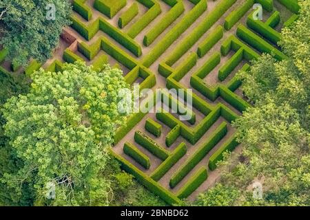 castle grounds Anholt with hedge maze, 01.08.2019, aerial view, Germany, North Rhine-Westphalia, Lower Rhine, Isselburg Stock Photo
