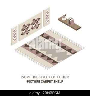 Vector isometric set of cappet room in mid century style., poster and book shelf on the wall. Detailed illustration. Stock Vector