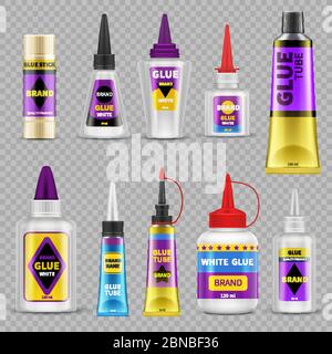 Glue tubes. Adhesive stick and bottle plastic packaging 3d isolated vector illustration. Glue tube container, stick adhesive product Stock Vector