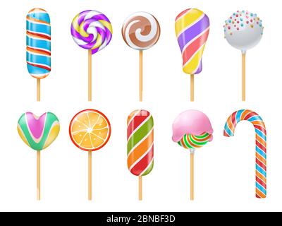 Sweet candies, sweets, caramel, rainbow lollipops, cotton candy and sucker 3d vector illustration isolated. Caramel and lollypop, sucker lolly color rainbow Stock Vector
