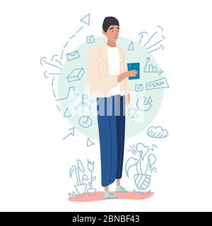 Worker stands on the ground and holds a blue tablet or phone thinking how to improve a teamwork. White doodle background with flowers and office stuff Stock Vector