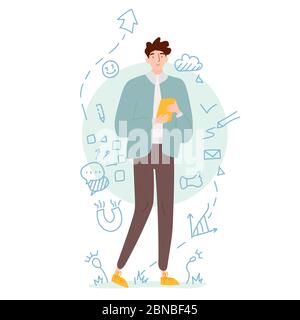 Young student on freelance holds a yellow tablet or phone thinking how to manage his life and work. White doodle background with flowers and office st Stock Vector