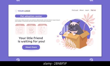 Perfect banner for your website of pet adoption, animal store or vet clinic. Cute fluffy black cat sits in the box and waiting for its new family and Stock Vector