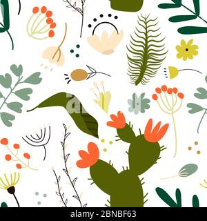 Seamless pattern set of a lot of different green tropical exotic leaves, plants and flowers on white background. Collection of completed and isolated Stock Vector