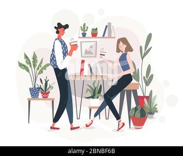 Friends, students, workers or colleagues sitting in a comfortable cafe or office with plants on the background, drinking coffee and having a nice conv Stock Vector