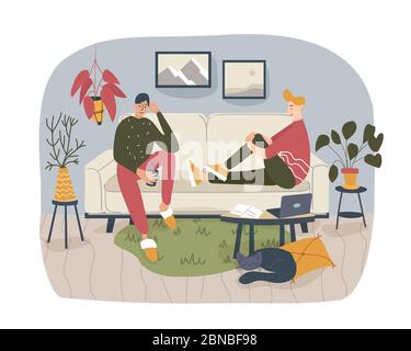 Two friends, students or brothers sitting on the comfortable sofa at home and talking to each other, sharing thoughts and ideas in nice and cozy atmos Stock Vector