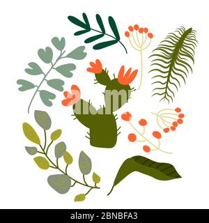 Pattern set of a lot of different green tropical exotic leaves, plants with long branches and flowers on white background. Collection of completed and Stock Vector