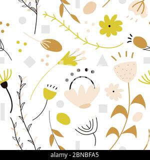 Set of hand drawn abstract doodle decorative vector patterns and elements with colored flowers and grey and yellow geometrical figures. Completed and Stock Vector