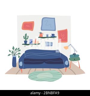 Modern interior of the living room with fashionable furniture. Vector banner. Design of a cozy room with sofa, lamp, carpet and decor accessories. Fla Stock Vector