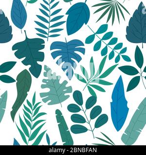 Pattern set of groups of different blue and green tropical exotic leaves, plants and fruits on white background. Collection of completed and isolated Stock Vector