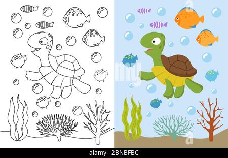 Turtle coloring pages. Cartoon swimming sea animals underwater. Vector  illustration for kids coloring book. Underwater sea, turtle animal and fish  Stock Vector Image & Art - Alamy