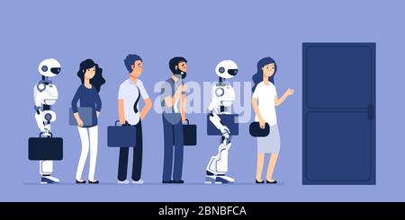 Robots and people unemployment. Android and man competition for job. Recruitment vector concept. Job, recruitment robotic and human illustration Stock Vector