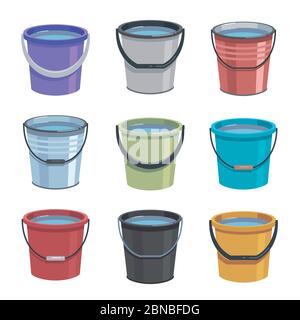 Cartoon buckets. Water pails, metal and plastic bucket. Isolated vector set. Collection of bucket container with water, pailful plastic and aluminum illustration Stock Vector