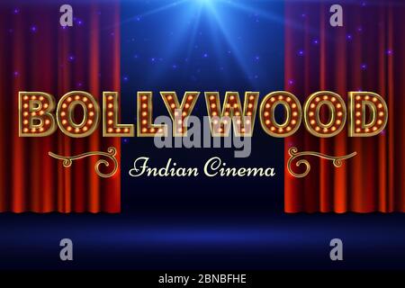Bollywood indian film. Vintage movie poster with old stage and red curtain. Vector illustration. Bollywood cinema banner, movie cinematography industry Stock Vector