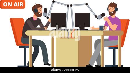 Radio show. Broadcasting radio dj talking with microphones on air. Vector concept broadcast entertainment, broadcasting live illustration Stock Vector