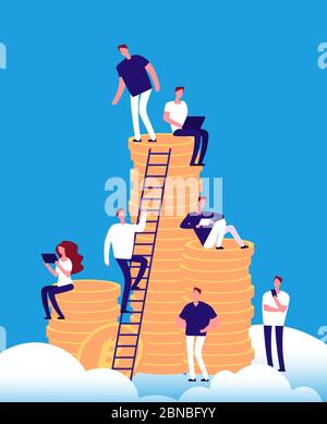Cryptocurrency concept. Altcoin tokens pile with people investors. Crypto mining and bitcoin exchange vector background. Profit stack coins, gold currency illustration Stock Vector
