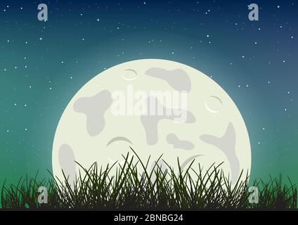 moonlight and grass silhouette on night sky Stock Vector