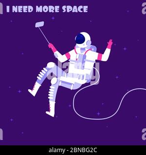 Astronaut in weightless. Spaceman in outer space. I need more space astronautics vector concept. Illustration of spacewalker exploration make photo selfie Stock Vector