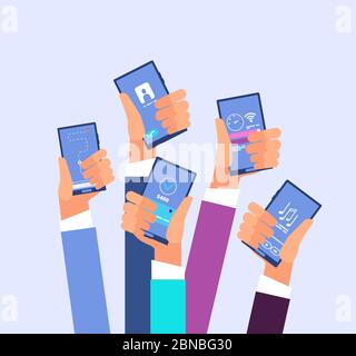 Mobile phone apps. Hands holding smartphones with different application and internet game. Vector illustration. Hand hold smartphone with app screen Stock Vector