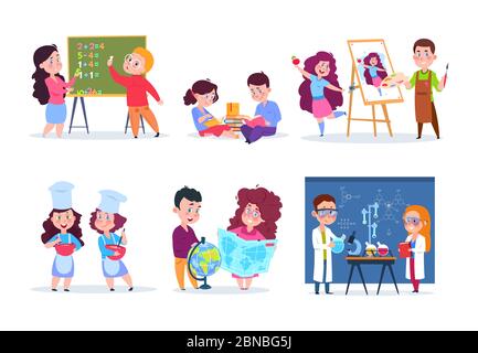 Children in lessons. School kids studying geography, chemistry, and math. Boys and girls read, draw and cook cartoon. Vector characters education lesson school, chemistry and geography Stock Vector
