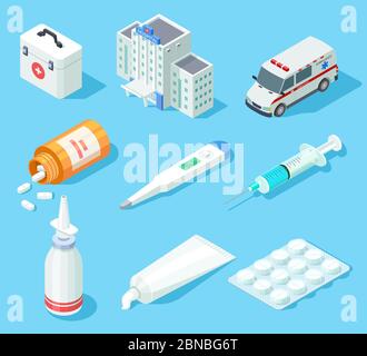 First aid kit. Medical pharmacy oral spray, medicines and pills. Ambulance car and hospital building isometric vector isolated set. Illustration of ambulance and hospital, medicine first aid Stock Vector