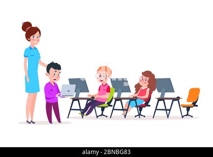 Kids coding at computers. Cartoon character children in computer class ...