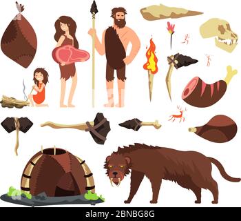 Stone age caveman. Hunting neolithic people, mammoth and prehistoric tools. Vector cartoon ancient human characters. Caveman family and hammer, ax tools illustration Stock Vector