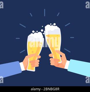 Beer manly background. Men toasting, hands clink beer glasses. Octoberfest vector concept. Glass mug with beer, goblet toasting beverage Stock Vector