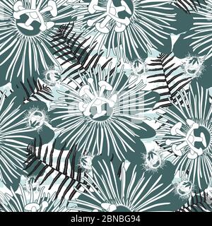 Vector green mint passion flower and ostrich fern seamless repeat pattern. Suitable for fabric, wallpaper and gift wrap. Stock Vector