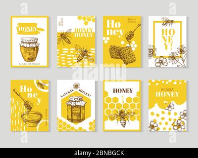 Hand drawn honey posters. Natural honey packaging with bee, honeycomb and hive vector design. Illustration of honey and honeycomb, food sweet posters of set Stock Vector