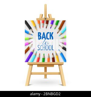 Learning and school education vector concept. Back to school background with 3d colored pencils on wood easel isolated on white background. Illustration of back school on easel Stock Vector